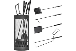 Outsunny Ensemble serviteur de cheminée, ensemble d'outils de cheminée à 5 pièces, balai pelle pince tisonnier et seau en maille, métal, noir