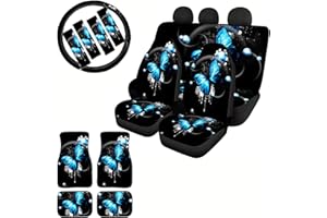 Woisttop Butterfly Autositzbezüge, vollständiges Set, 2 Vordersitzbezüge, 2 Vordersitzbezüge, 2 Vordermatten, 2 Hintermatten, 1 Lenkradbezug, 4 Auto-Sicherheitsgurtpolster, 13 Stück
