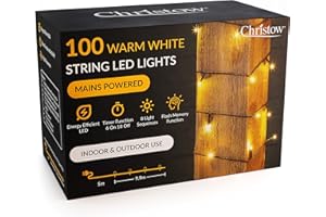 CHRISTOW Christmas Fairy Lights, Warm White LED String Lighting with Timer, Indoor & Outdoor, Tree Lights, Mains Operated, 8 Light Modes Flashing & Static, Green Cable (100 LED / 10m Lit Length)