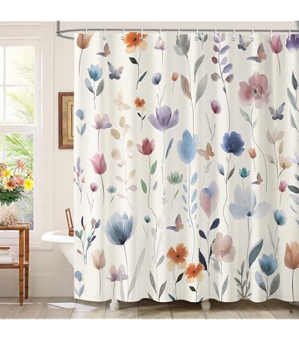 Dazzlewall Rideau De Douche Pétales Bleus Dégradé 180x180cm - Tissu Polyester Imperméable Anti-Moisissure Lavable Avec 12 Crochets