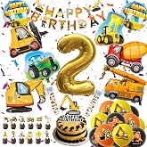 Excavator Birthday Decoration 2 Year Old Set Balloons with Balloon Digger, Tractor and Number 2, Latex Balloons, Garland, Cak