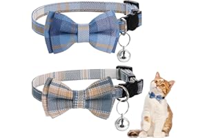 HARIENDNY 2 Stück Katzenhalsband mit Abtrünniger Fliege und Glöckchen, Blau Weiß Kariertes Katzenhalsband mit Schnellverschluss, Verstellbares Einfarbiges Set für Kätzchen und Welpen