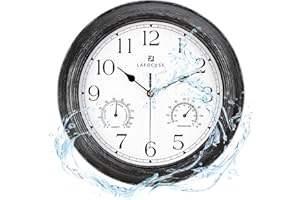 Lafocuse 30cm Horloge Murale Exterieure Etanche avec Thermomètre et Hygromètre, Vintage Noir Pendule Murale Retro, Silencieuse Shabby Chic Deco pour Extérieur, Jardin, Balcon, Salle de Bain, Cuisine