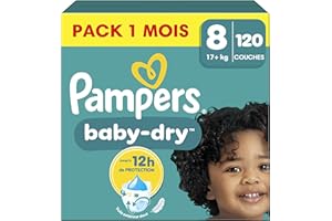 Pampers Baby-Dry, Taille 8, 120 Couches, 17kg+, Une Nuit Jusqu’À 100% Sans Fuites, Pack 1 Mois