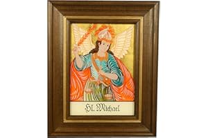 Hinterglaswerkstätten - Hinterglasbild/Patronatsbild Hl. Michael Waage mit braun gebeizten Holzrahmen, handbemalt mit Legende des Heiligen auf der Bildrückseite, ca. B: 12,5 x H: 16 cm