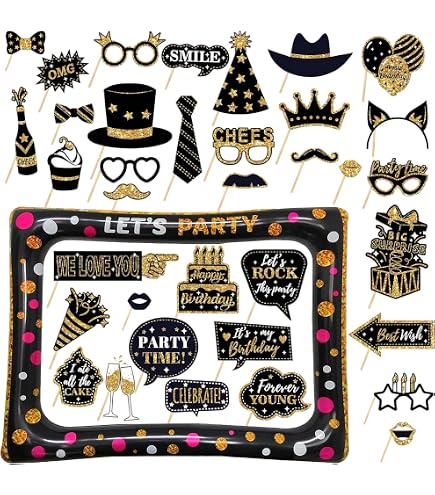 30 Accessoires Photobooth Anniversaire + Cadre Photo Gonflable Néon - Kit Décoration Fête