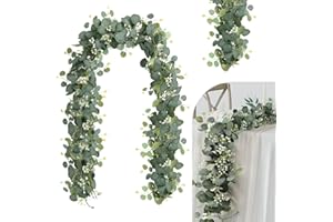 LAINIKE Eukalyptus Girlande, 2 Stück Künstliche Eukalyptus-Girlande, 1.9m Eukalyptus Reben, Künstliche Girlanden Pflanze, mit Grünen Blättern & Weißen Blumen, für Hintergrund Hochzeit Bogen Grün
