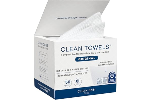 Clean Skin Club Serviettes Visage XL 100% Biologiques Certifiées USDA, Approuvées par les Dermatologues, Anti-Acné Serviettes Jetables pour le Visage et le Démaquillage, Ultra Douces