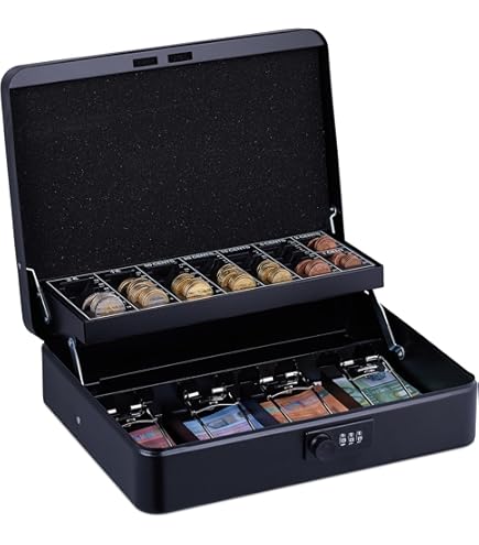 HMF 15230-05 geldcassette afsluitbaar met munteninzetstuk en 4 vakken voor bankbiljetten met klem, 30 x 24 x 9 cm, blauw