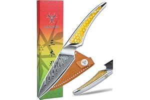 SANMUZUO Couteau d'office 9 CM, couteau de cuisine japonais en acier Damas VG-10, couteau à fruits ultra tranchant avec manche pleine soie en résine Jaune, série LA-S9