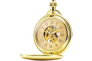 TREEWETO Orologio da tasca unisex con catena, analogico, caricamento a mano, retrò, scheletro lucido,