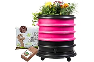 WORMbox | Lombricomposteur 3 Plateaux Fushia + Jardinière + 500gr de vers de Compost + 1 Bloc Coco | 48 litres | Compostez Vos déchets organiques, Les vers de Terre/lombrics/lombricompost