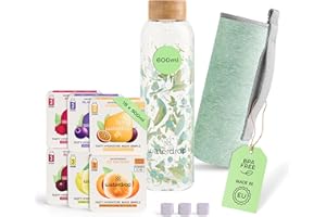 WATERDROP MICRODRINK waterdrop® Starter Set, Botella de Vidrio 600ml + 18 Cubos Microdrinks, Saborizantes para agua, Pastillas en 6 Sabores Aromatizados, 0 Azúcar, Botella para Agua
