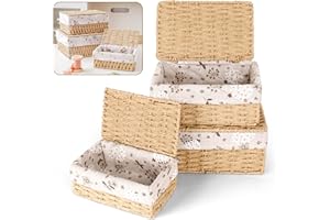 JiangLin Kosz do przechowywania, pleciony, 3-częściowy zestaw, kosz do przechowywania z pokrywką, ręcznie tkany, do przechowywania z podszewką, pleciony kosz do pokoju dziecięcego, kuchni, łazienki