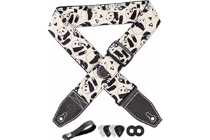YIKOKO Gitarrengurt 5,1 cm, Baumwolle, bedruckt, Panda-Gitarrengurte mit Vollnarbenlederende, für Bass, elektrische und akustische Gitarren, kostenloser Gurtknopf, Gurtschlösser und Gitarrenplektren