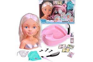 Nancy Hair Salon - Busto Rubia con Lavacabezas Funcional, Incluye Champú Especial, Tratamientos, Mascarillas, Toalla Turbante, Peine y Gomitas para Crear Infinitos Peinados, +3 años, Famosa (NACB3000)