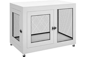 PawHut Dog Crate Furniture End Table w/Soft Washable Cushion, Two Doors, Indoor Pet Kennel for Small Medium Large Dogs w/Wire Mesh, White