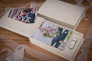 Elegantdisk Scatola porta USB/DVD per matrimonio, con scatola fotografica, 13 x 18 cm, tessuto di lino (naturale)