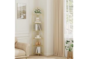 Homhedy 6-Tier Corner Shelf Stand, Metal Corner Bookshelf, Tempered Glass Shelves, Bathroom Storage Rack Shelf, Plant Stand, Modern Style, Golden