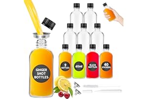 Herbbree Glass Shot Bottles with Lids - 9 Pack 60ml Small Ginger Shots Bottles with 2 Funnels, Labels, Brush, Pen, 2oz Reusable Glass Juice Bottle for Juice, Ginger, Whiskey, Essential