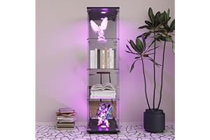 BRILVERDE Vetrina in vetro con LED e pannello posteriore a specchio, 4 piani con 2 ante e serratura, per collezionisti, libri, vino, ufficio, soggiorno (porta singola, nero, 164 x 42,5 x 36,5 cm)