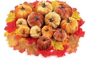 SONGJUM 12Pezzi Zucche Artificiali Autunnali 48Pezzi Foglie d'acero Schiuma Zucca Decorazione del Tessuto della Schiuma di Velluto della Tavola di Autunno Decorazione della Halloween del Raccolto Autunnale