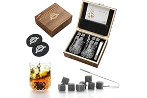 EXREIZST Pierres à Whisky Coffret Cadeau en Verre à Whisky Pierres Froides à Whisky dans Une boîte en Bois Faite à la Main - Cool sans Dilution - Lot de 2 Verres à Whisky，Cadeau pour Papa Mari Homme (Ronde)