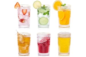 Glasseam Vasos De Agua para Beber 400 Ml con Borde Dorado, Vasos Vintage, Juego De 6 Vasos Altos para Jugo, Café, Té para Fiestas, Bares