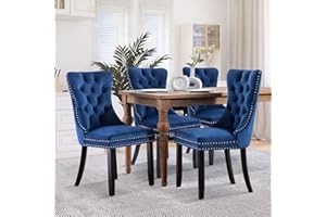 SoarFlash Ensemble de 4 Chaises de Salle à Manger en Velours, avec Dossier à Ailes tapissé, piquetage à Boutons, Garniture rivetée, Anneau décoratif de Dossier et Jambes en Bois, Bleu