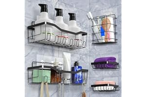 HUGSEE Lot de 5 Etagere et crochets Douche sans Percage étagères murales adhésives etagere rangement de salle de bain porte shampoing douche noir