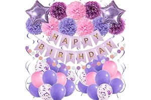 Recosis Geburtstagsdeko, Happy Birthday Banner mit Pompoms Papier Girlande Wimpel Spiral und Luftballon Kindergeburtstag für Mädchen Junge Mann Frauen Geburtstags Dekorationen (Violett Rosa)
