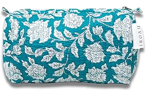 IBOAH Neceser Print de Viaje Organizador, Bolsa de Aseo, Bolso Maquillaje Impreso de algodón Acolchado para Mujeres, Hombres y recién Nacidos con Forrado Impermeable (Turquesa Flores, Pequeño)