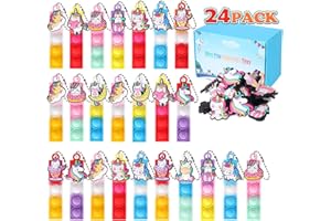 OGNI ORA 24 Pack Mini Pop Fidget It Keychain with Unicorn Charms, Poppet Keyring Party Bag Fillers for Kids, Classroom Prizes, Birthday Favour Gifts for Kids, Silicone Anti Anxiety Sensory Toy for Adults Kids