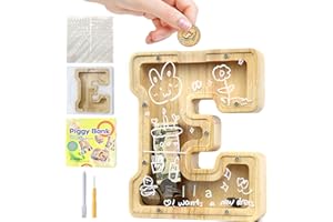 Mikytoper Wooden Letter Piggy Bank for Kids - Personalized Money Box with Target Area - Clear Money Bank for Gift & Decoration - Baptism (E)