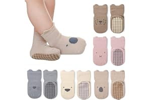 Auranso Baby Socks 5 Pairs Boys Non Slip Grip Socks Kids Girls Cotton Cartoon Animal Toddler Sock with Grips 6-12/12-18 Months, UK Size 1-9.5
