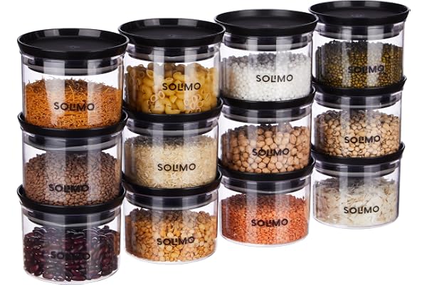 Amazon Brand - Solimo Plastic Storage Jar and Container Set I Air Tight & BPA Free Containers for Kitchen Storage Set I Grocery Kitchen Container Set I Multipurpose Jar, 500 Ml Each, Set 12, Black