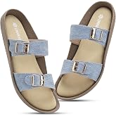 LONDON STEPS Women Denim Double Strap Buckle Slides | Comfortable Casual Flat Slippers for Women | Lightweight Open Toe Slip-