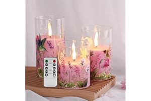 Eywamage Pink Hummingbird Glass Flameless Candles with Remote, Flickering Floral LED Pillar Candles Φ 3" H 4" 5" 6"