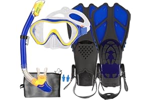 HH HHAO SPORT Set da snorkeling per bambini con pinne, 180°, anti-appannamento, panoramico, visione ampia, pinne regolabili, maschera subacquea di alta qualità e boccaglio asciutto per nuoto