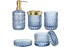 TeamSky Bathroom Accessories Set, 5PCS Glass Set, Includes Lotion Dispenser, Soap Dish, Toothbrush Holder, Tumbler and Jar, Stylish Modern Bathroom Decor (Blue)