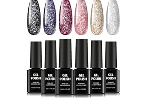 TOMICCA Vernis Semi Permanent Pailleté Set, 6 couleurs Pailleté Vernis Gel UV, Soak-Off Vernis à ongles UV/LED Gel Cadeau pour salon de manucure DIY Home, 8ML