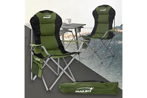 Hauki Chaise de Camping Pliable, Kaki, Chaise de Pêche avec Porte-Boisson et Sac de Transport, jusqu'à 150kg, Extra Large, Chaise Longue Rembourrée, Dossier Haut, Chaise d'Extérieur Jardin Portable