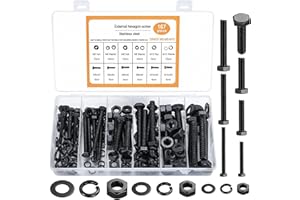 QIWUHAI 167 Stk Sechskantschrauben Muttern Set, M6/M8/M10 Kohlenstoffstahl Sechskant Schrauben und Muttern und Unterlegscheiben Set, Maschinenschrauben, Gewindeschrauben mit Vollgewinde(Schwarz)