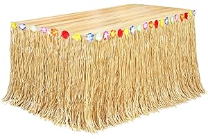 Fovths Luau Grass Table Skirt Natural 9 Feet x 29.5 Inch Hawaiian Table Skirt for Tropical Hawaiian Party Decorations Luau Party Costume Party, Straw Yellow