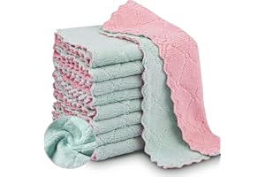 Deepklean 12 Pack Kitchen Cloth Dish Towels, Premium Dishcloths, Super Absorbent Coral Velvet Dishtowels, Nonstick Oil Washable Fast Drying (Pink-Green)