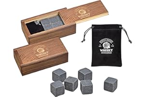 WOMA Juego de 6 Cubitos de Hielo de basalto, Incluye Bolsa de Terciopelo y Caja de Madera Elegante, Cubitos de Hielo Reutilizables para Whisky, Vodka, Ginebra, Ron, Tequila y cócteles