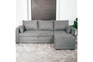 BUDWING Leah Sofá Cama Esquinero 3 Plazas - Chaise Longue Reversible y 2 Cojines Decorativos – Tapizado en Poliéster – Estilo Moderno – 233x124x69 cm – Gris Oscuro