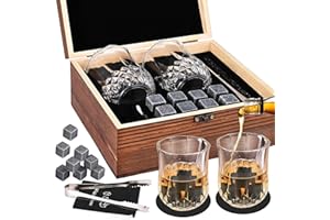 GOLDGE Juego de Regalo de Vaso de Whisky, Whisky Piedras Set con 2 Vasos para Whisky, Juego de Pinzas, Posavasos, Piedras y Vasos para Whisky