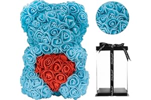 NUWYK Rosenblumenbär - Über 250 Blumen auf jedem Rosenbären - Rosenbär Geschenk für Muttertag, Valentinstag, Jubiläum und Brautduschen - Rose Flower Bär Klare Geschenkbox inklusive 10 Zoll(Blue)