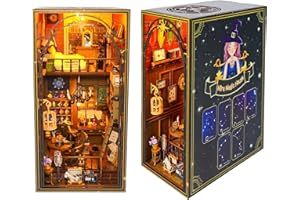 QGKPL DIY Book Nook Kit, DIY Miniature Dollhouse Kit with Furniture and LED Light, 3D Puzzle Wooden Art Bookends, Booknook Model Kits for Adults to Build
